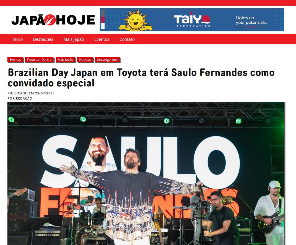 Brazilian Day Japan em Toyota terá Saulo Fernandes como convidado especial