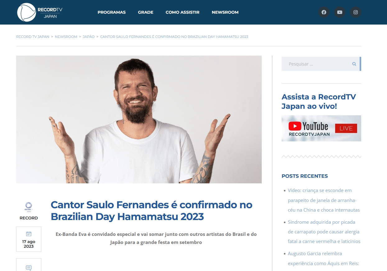 RecordTV Cantor Saulo Fernandes é confirmado no Brazilian Day Hamamatsu 2023