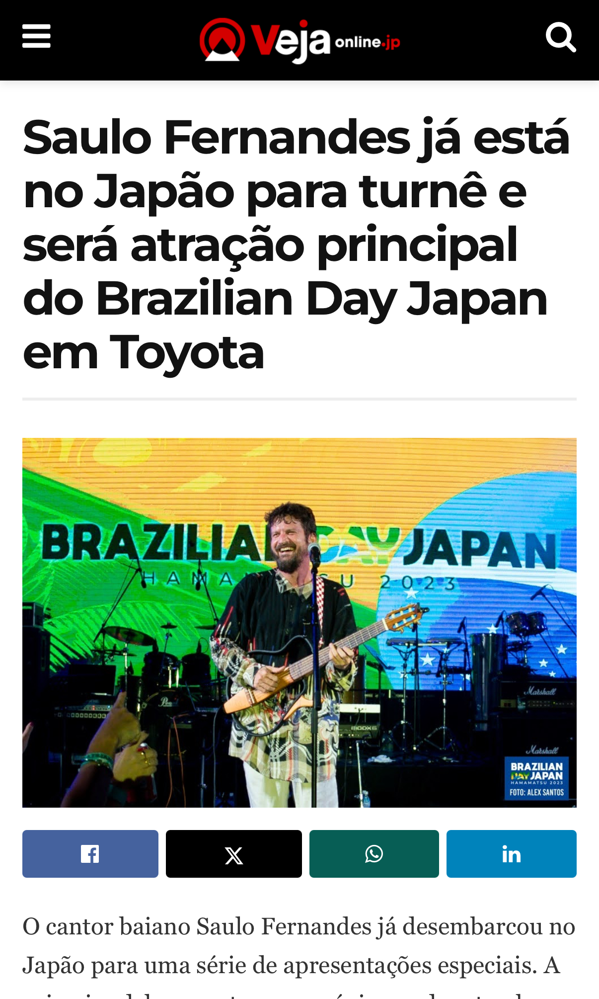 Saulo Fernandes já está no Japão para turnê e será atração principal do Brazilian Day Japan em Toyota