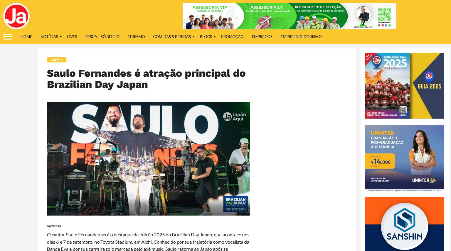 Saulo Fernandes é atração principal do Brazilian Day Japan