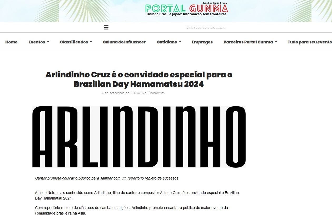 Arlindinho Cruz é o convidado especial para o Brazilian Day Hamamatsu 2024